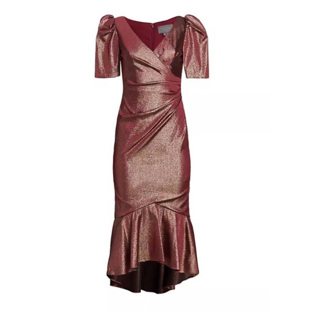 Theia Metallic Rose Midi Dress